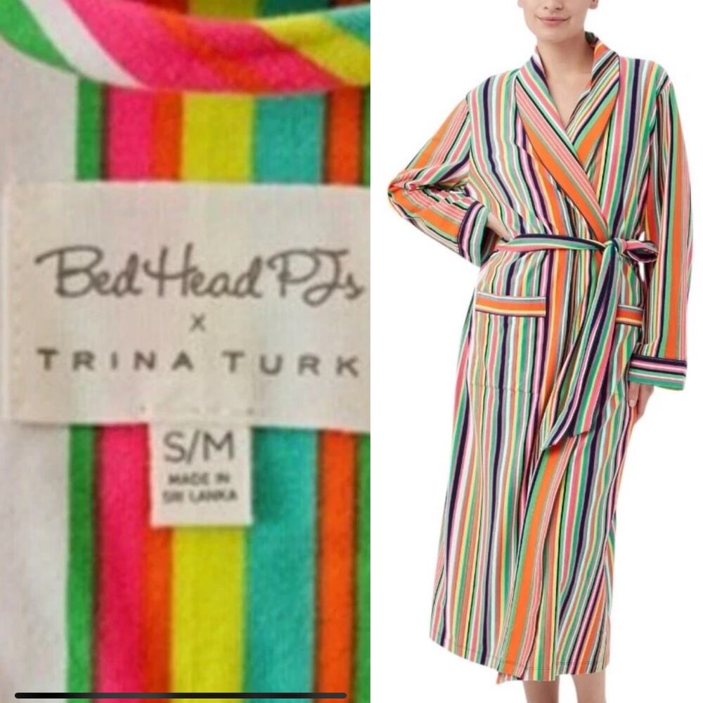 NWOT BedHead x TRINA TURK Stripe Robe De Chambre Organic Cotton Knit Size Small